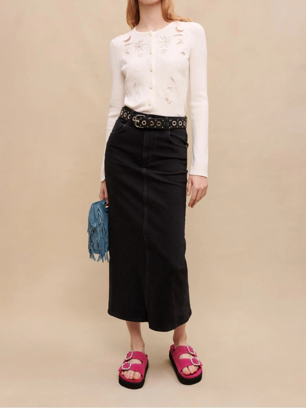 Maje Cream Pointelle Floral Ribbed Cardigan
